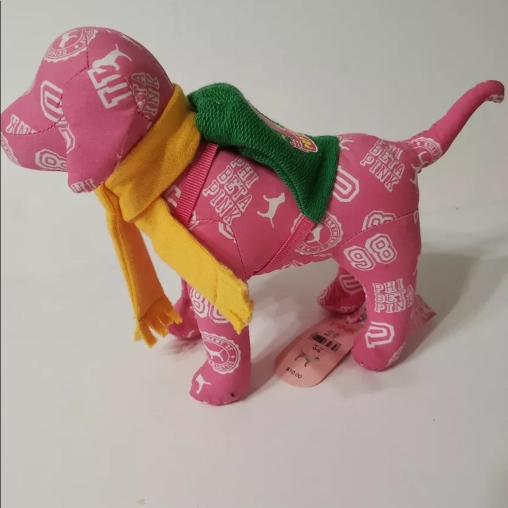 PINK Victoria's Secret Pink Logo Plush Dog with Green Cape and Yellow Scarf